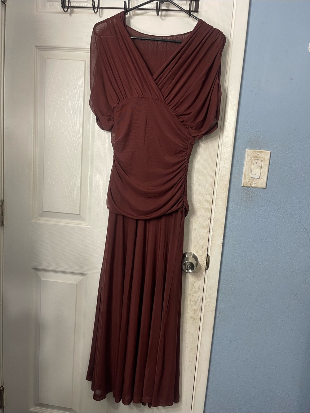 Draped Burgundy V-Neck Maxi Dress